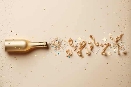 Celebration background with golden champagne bottle, confetti stars and party streamers. Christmas, birthday or wedding concept. Flat lay.の写真素材