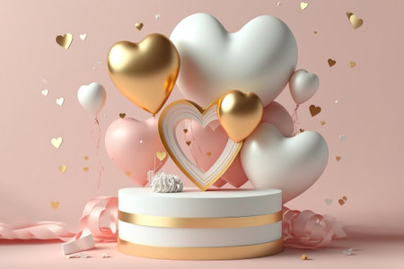 Happy valentines day podium decoration with heart shape balloon, gift box, confetti, 3D rendering...