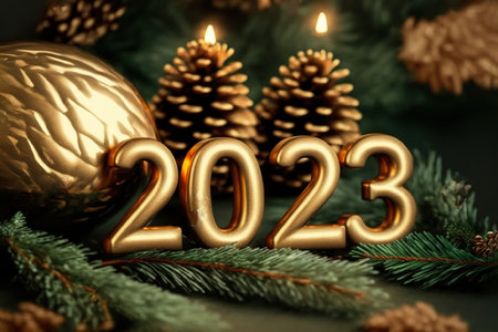 Happy New Years 2023. Christmas background with fir tree, cones and Christmas decorations.