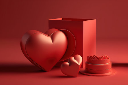 Minimal podium product background for Valentine, Red heart and gift box with ribbon bow on red background. stock photo Valentine's Day - Holiday, Valentine Card, Backgrounds, Heart Shape, Three Dimensional.の写真素材