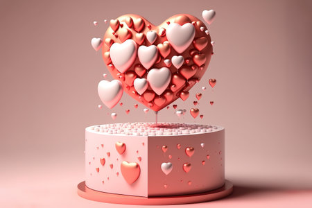 Happy valentines day podium decoration with heart shape balloon, gift box, confetti, 3D rendering illustration stock photo Valentine's Day - Holiday, Valentine Card, Backgrounds, Heart Shape, Three Dimensional, gold, pink, pastel, white, soft lighting, neutral colors, high definition, 3d icon clay render.の写真素材