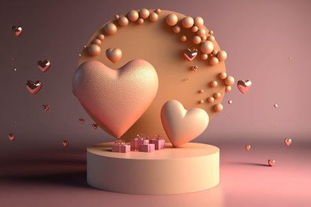 Happy valentines day podium decoration with heart shape balloon, gift box, confetti, 3D rendering illustration stock photo Valentine's Day - Holiday, Valentine Card, Backgrounds, Heart Shape, Three Dimensional, gold, pink, pastel, white, soft lighting, neutral colors, high definition, 3d icon clay render.の写真素材