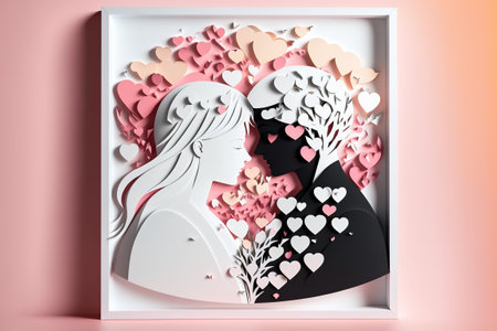 paper cut style Cute couple in love hugging with many hearts floating. Pink, white, red, pastel.の写真素材