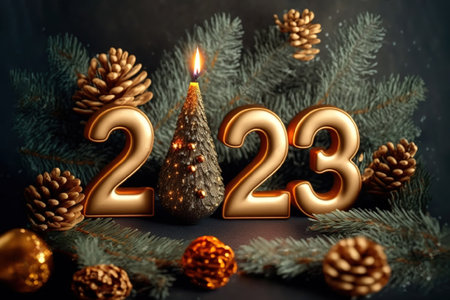Happy New Years 2023. Christmas background with fir tree, cones and Christmas decorations.