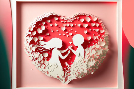 paper cut style Cute couple in love hugging with many hearts floating. Pink, white, red, pastel.の写真素材