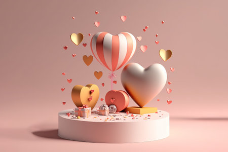 Happy valentines day podium decoration with heart shape balloon, gift box, confetti, 3D rendering illustration stock photo Valentine's Day - Holiday, Valentine Card, Backgrounds, Heart Shape, Three Dimensional, gold, pink, pastel, white, soft lighting, neutral colors, high definition, 3d icon clay render.の写真素材