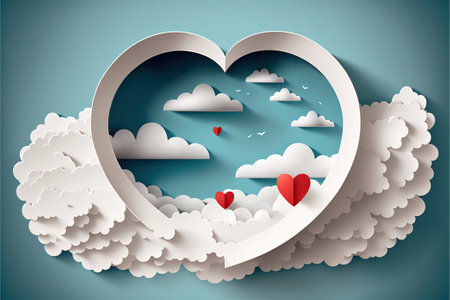 Paper cut hearts with white clouds stock illustration Valentine's Day - Holiday, Valentine Card, Heart Shape, Frame - Border, Love - Emotion.の写真素材