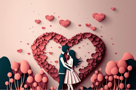paper cut style Cute couple in love hugging with many hearts floating. Pink, white, red, pastel.の写真素材