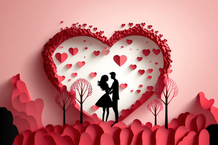 paper cut style Cute couple in love hugging with many hearts floating. Pink, white, red, pastel.の写真素材