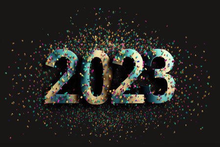 2023 celebration with confetti - 3D rendering text on black background.の写真素材