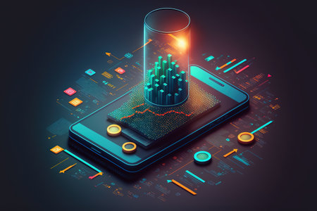 Application of Smartphone with business graph and analytics data on isometric mobile phone. Analysis trends and software development coding process concept. Programming, testing cross platform code.の写真素材