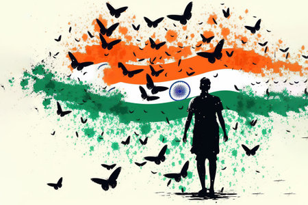 Butterflies flying from the Indian tricolour flag hoisted by a person. An Indian Independence Day concept stock illustration India, Independence Day - Holiday, Republic Day, Flag, People.の写真素材