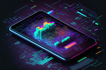 Application of Smartphone with business graph and analytics data on isometric mobile phone. Analysis trends and software development coding process concept. Programming, testing cross platform code.の写真素材