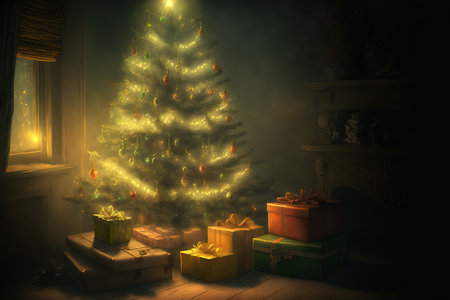 Christmas tree with presents and lights.の写真素材