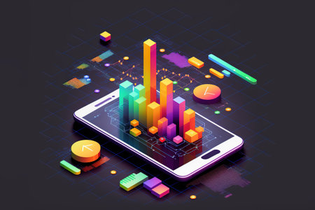 Application of Smartphone with business graph and analytics data on isometric mobile phone. Analysis trends and software development coding process concept. Programming, testing cross platform code.の写真素材