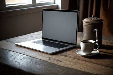 Laptop with blank screen on table.の写真素材