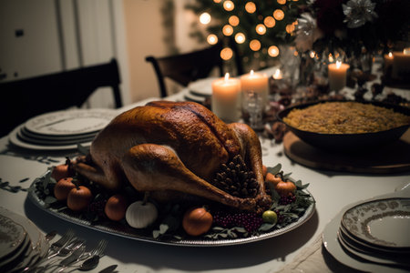 Thanksgiving Day feast with a turkey and all the trimmings.の写真素材