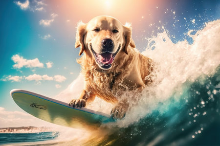 Dog surfing on a wave stock photo Dog, Surfing, Summer, Humor, Fun.の写真素材