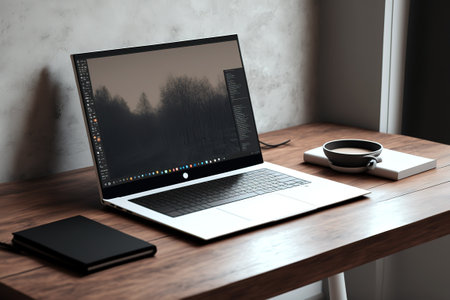 Laptop with blank screen on table.