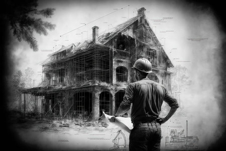 building house on blueprints with worker - construction project.の写真素材
