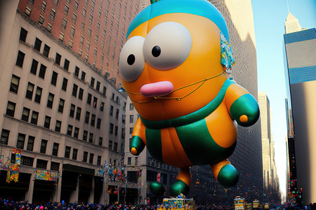 Thanksgiving Day parade with giant balloons and performer.の写真素材