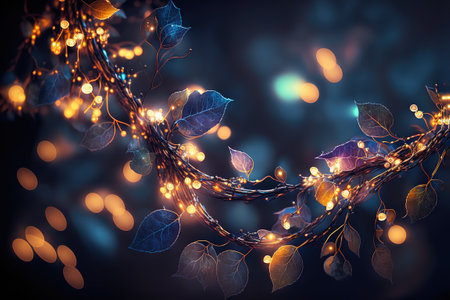 holiday illumination and decoration concept - christmas garland bokeh lights over dark blue background.の写真素材