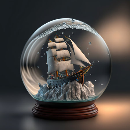 a sailing ship caught in a storm trapped inside a small glass sphere.の写真素材
