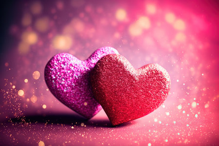 Valentines day background with two hearts on bokeh backgroundの写真素材