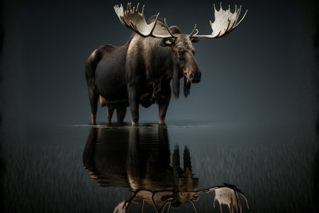 Moose with big antlers and reflection in water, 3d renderの写真素材