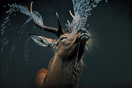 Close-up of antelope with antlers splashing water.の写真素材
