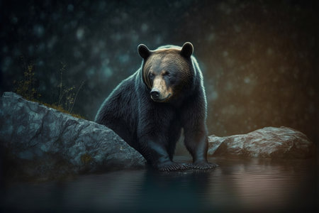 Grizzly bear in the dark forest. 3d renderingの写真素材