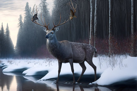 3d render of a deer in winter forest with snow and iceの写真素材