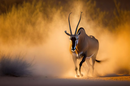 Gemsbok, Oryx gazella, single mammal at sunrise, South Africaの写真素材