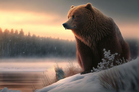 Brown bear in winter forest at sunset. 3D render illustration.の写真素材