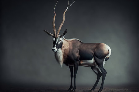 Gazelle antelope with long horns on a dark background.の写真素材