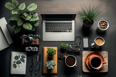 Top view of modern workplace with laptop, coffee cup, notebook, camera, plant and other items.の写真素材