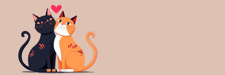 Flat design valentine's day cats couple Banner, Valentine's Day Card, Copy Space, Template,...