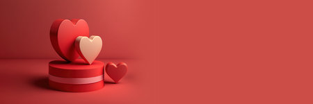 Minimal podium product background for Valentine, Red heart and gift box with ribbon bow on red background. stock photo Valentine's Day - Holiday, Valentine Card, Backgrounds, Heart Shape, Three Dimensional.の写真素材