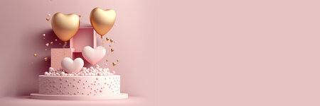 Happy valentines day podium decoration with heart shape balloon, gift box, confetti, 3D rendering...
