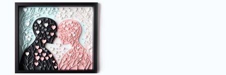paper cut style Cute couple in love hugging with many hearts floating. Pink, white, red, pastel.