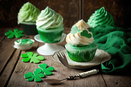 St. Patrick's Day cupcakes with butter cream and shamrock leavesの写真素材