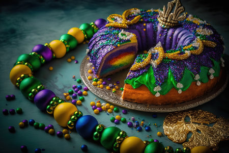 Sliced Mardi Gras king cake surrounded by colorful beads stock photo Mardi Gras, Epiphany Cake, New Orleans, Bead, Parade.の写真素材
