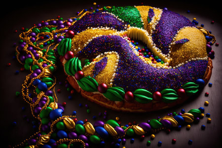 Sliced Mardi Gras king cake surrounded by colorful beads stock photo Mardi Gras, Epiphany Cake, New Orleans, Bead, Parade.の写真素材