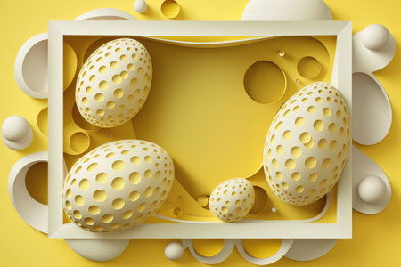 Abstract Easter yellow background. Decorative 3d eggs with frame. Vector illustration.