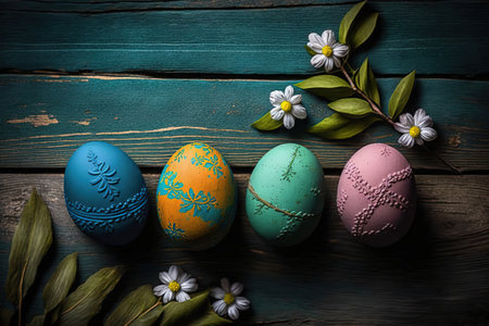 Beautiful colorful easter eggs on blue wooden.の写真素材