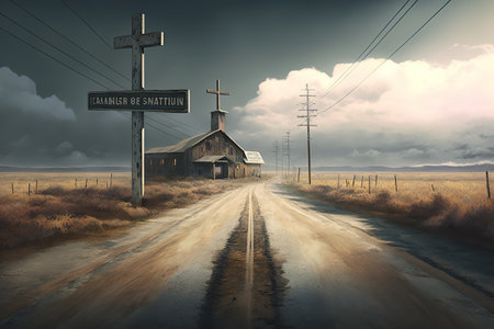 a road towards a cross.の写真素材