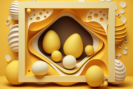 Abstract Easter yellow background. Decorative 3d eggs with frame. Vector illustration.