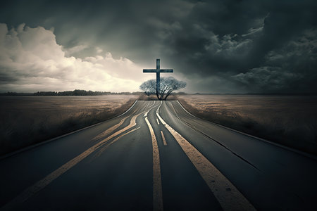 a road towards a cross.の写真素材