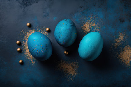 Blue easter eggs painted by hand on a dark background. Easter stylish minimal composition. Top view, flat lay, copy space.の写真素材