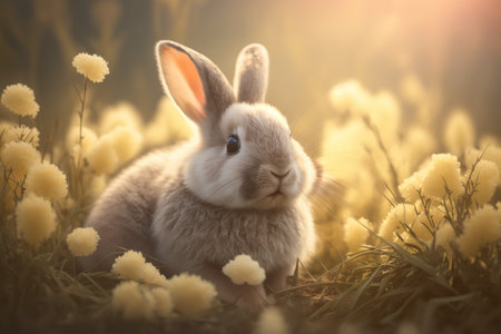 Cute Bunny rabbit sitting in a dreamy field at Easter during the spring season.の写真素材